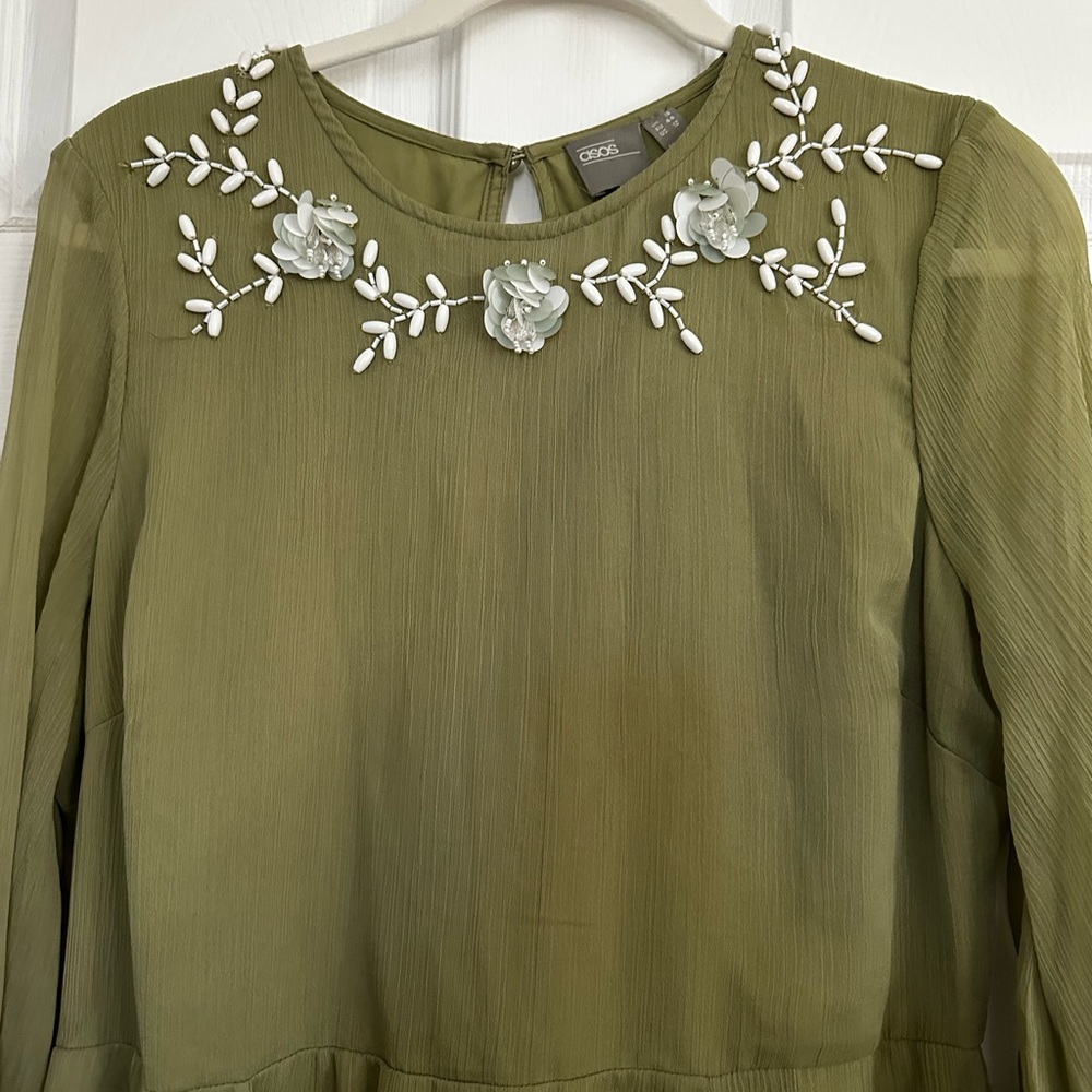 BNWOT Olive Green Dress with Floral Beading - Picture 2 of 7